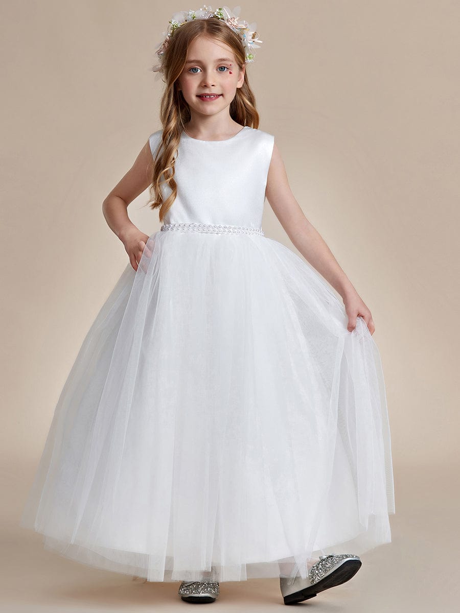 Satin Beaded Tulle Princess Flower Girl Dress With Back Bow