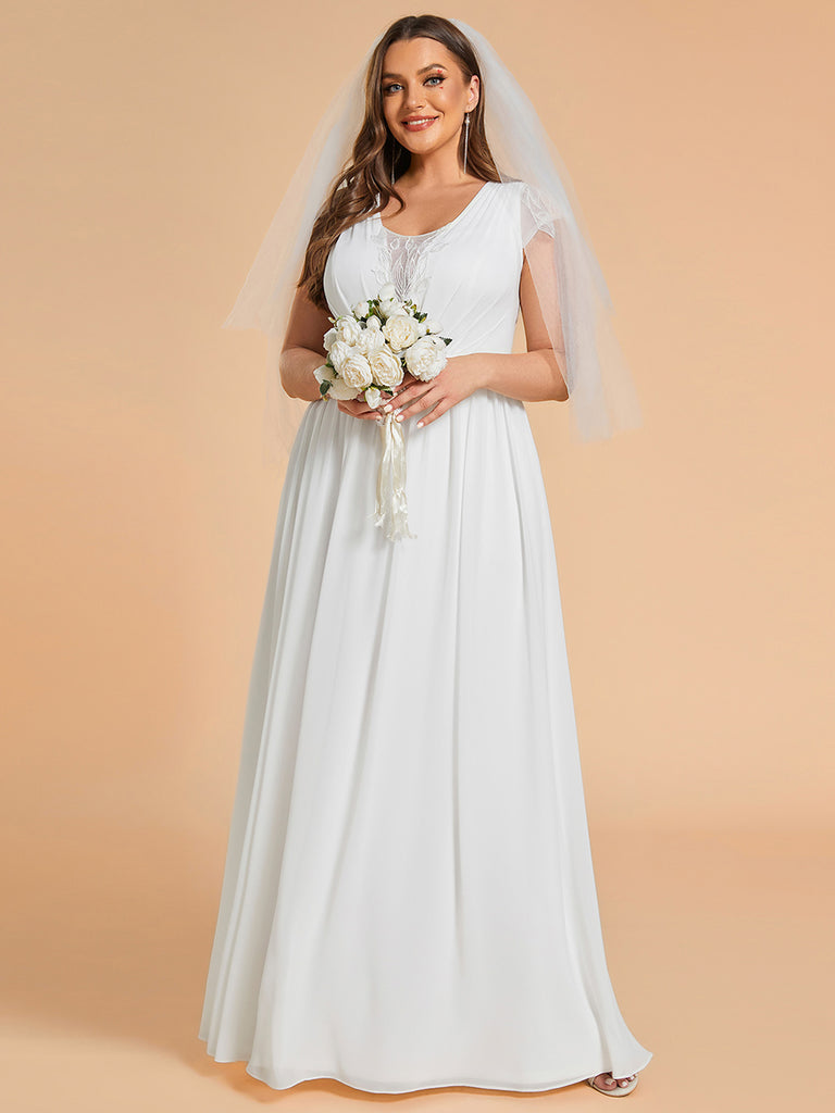 Pleated Chiffon Plus Size White Wedding Dress with Cap Sleeve
