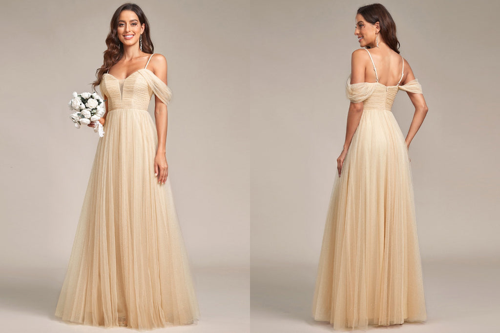 Cold Shoulder Gold Tulle Bridesmaid Dress