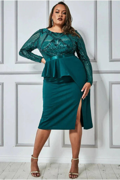 Curvy Chic Emerald Sequin Bodice Midi Dress