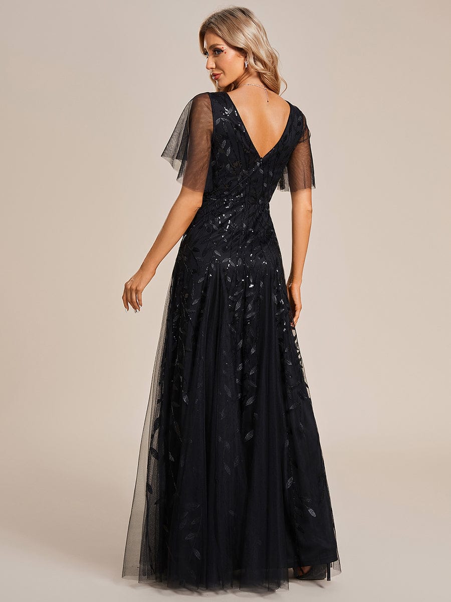 V Neck Embellished Tulle Flutter Sleeve A Line Evening Maxi Dress In Black