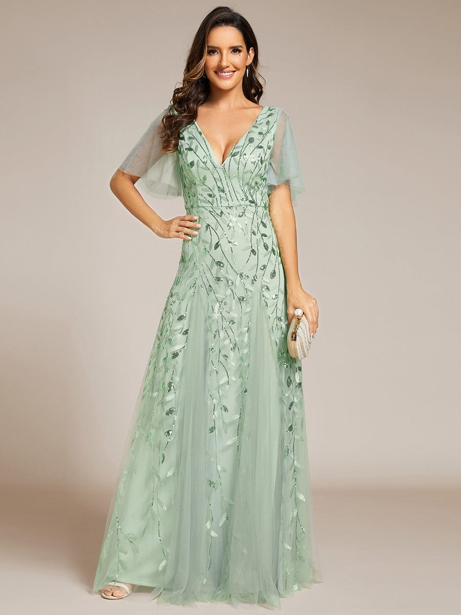 Romantic Shimmery V Neck Ruffle Sleeves Maxi Long Evening Gowns