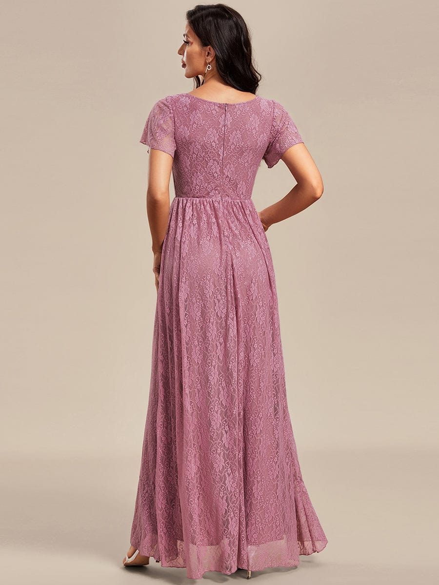 V-Neck Short Sleeve Pleated Ruffled Lace Evening Dress