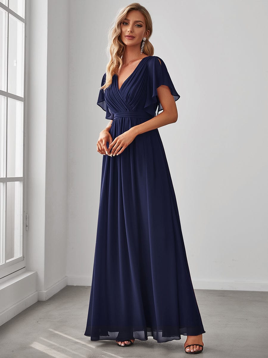 Chiffon Pleated V-Neck Flutter Sleeve Maxi Bridesmaid Dress In Sage Green