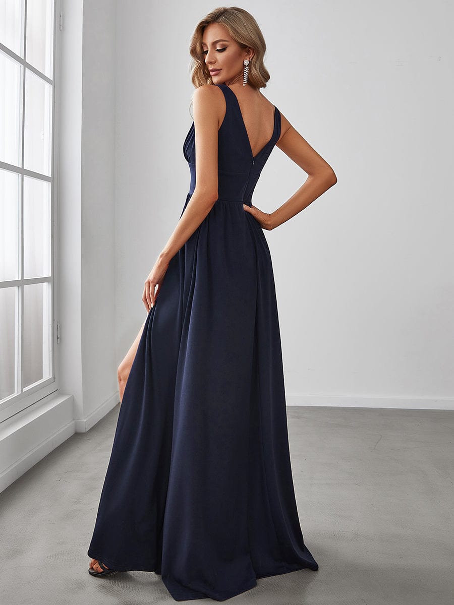 V-Neck High Slit Empire Waist Floor-Length Evening Dress