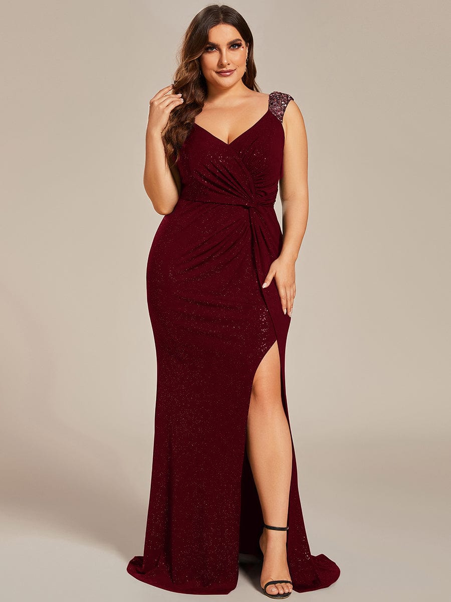 Elegant V Neck High Slit Plus Size Sequin Evening Dress