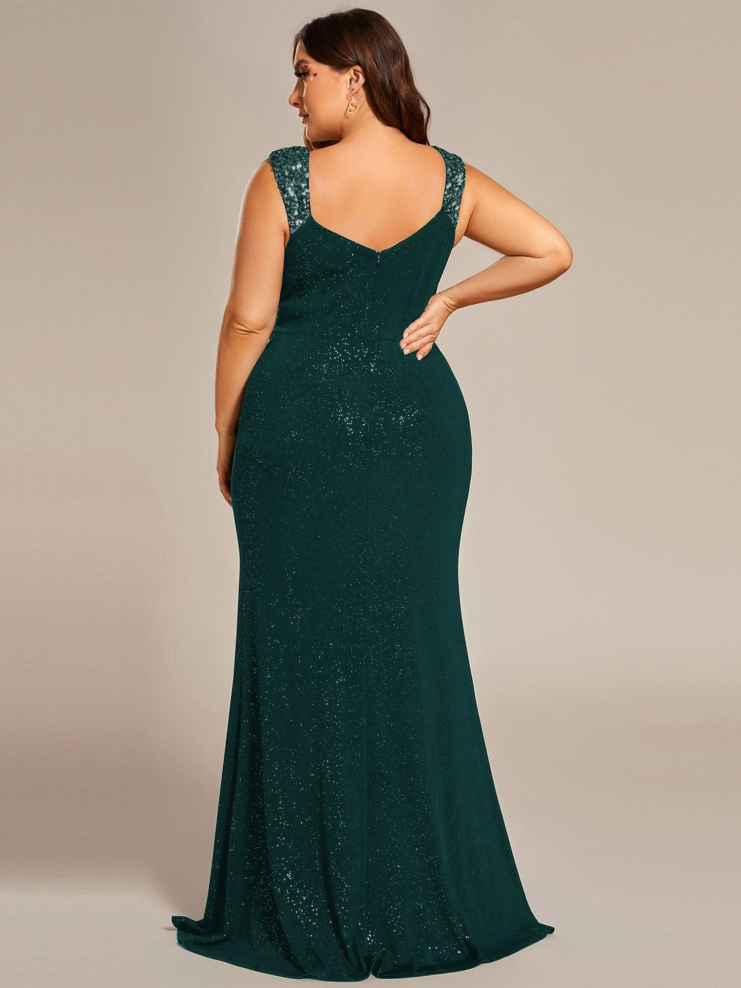 Elegant V Neck High Slit Plus Size Sequin Evening Dress