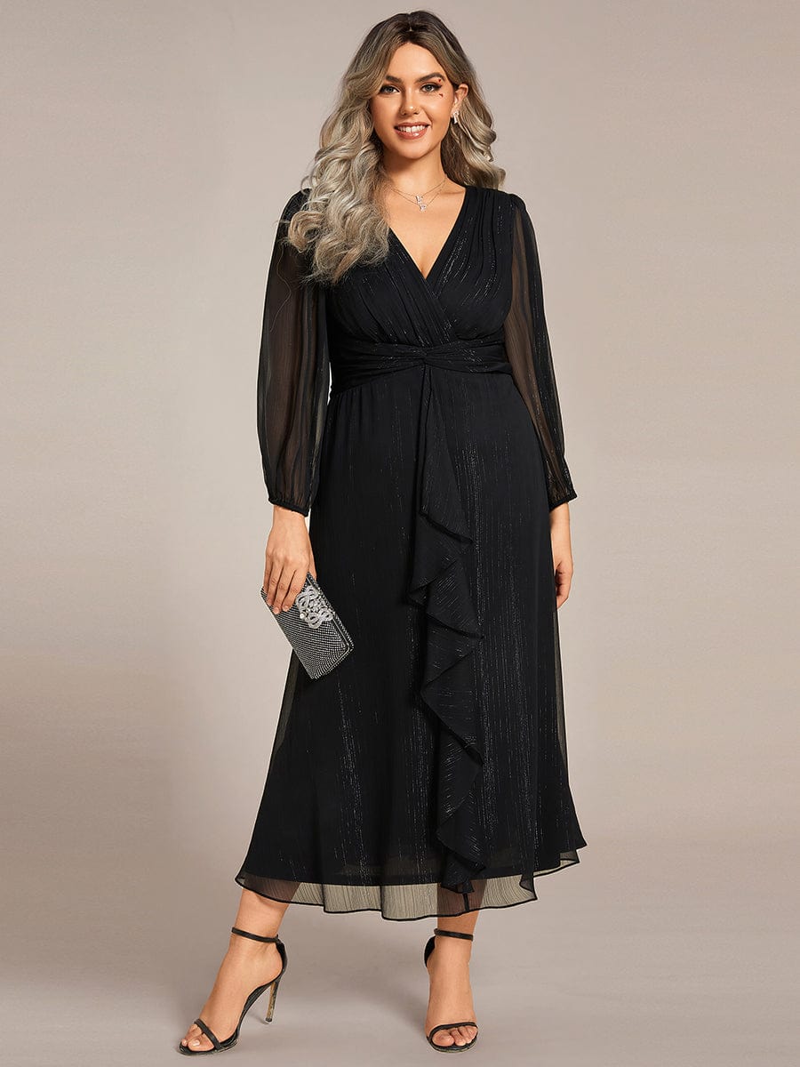 Shimmering Long Sleeve V-Neck Chiffon Twist Knot A-Line Evening Dress