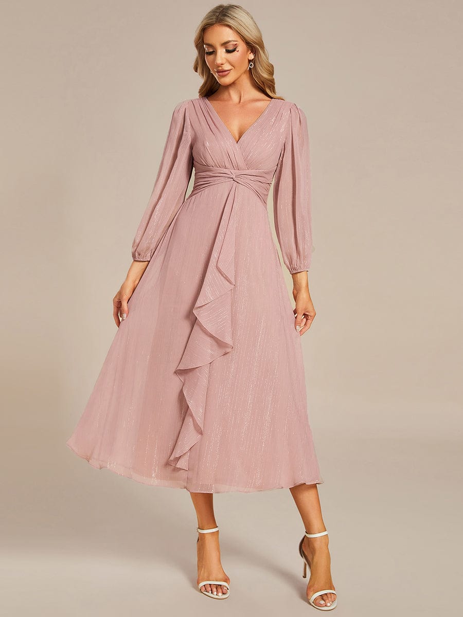 Shimmering Long Sleeve V-Neck Chiffon Twist Knot A-Line Evening Dress