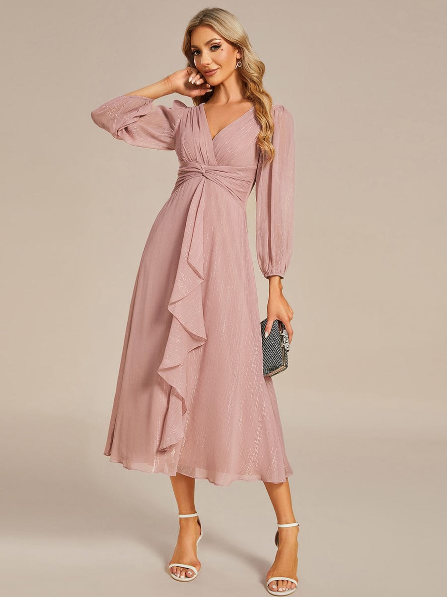 Shimmering Long Sleeve V-Neck Chiffon Twist Knot A-Line Evening Dress