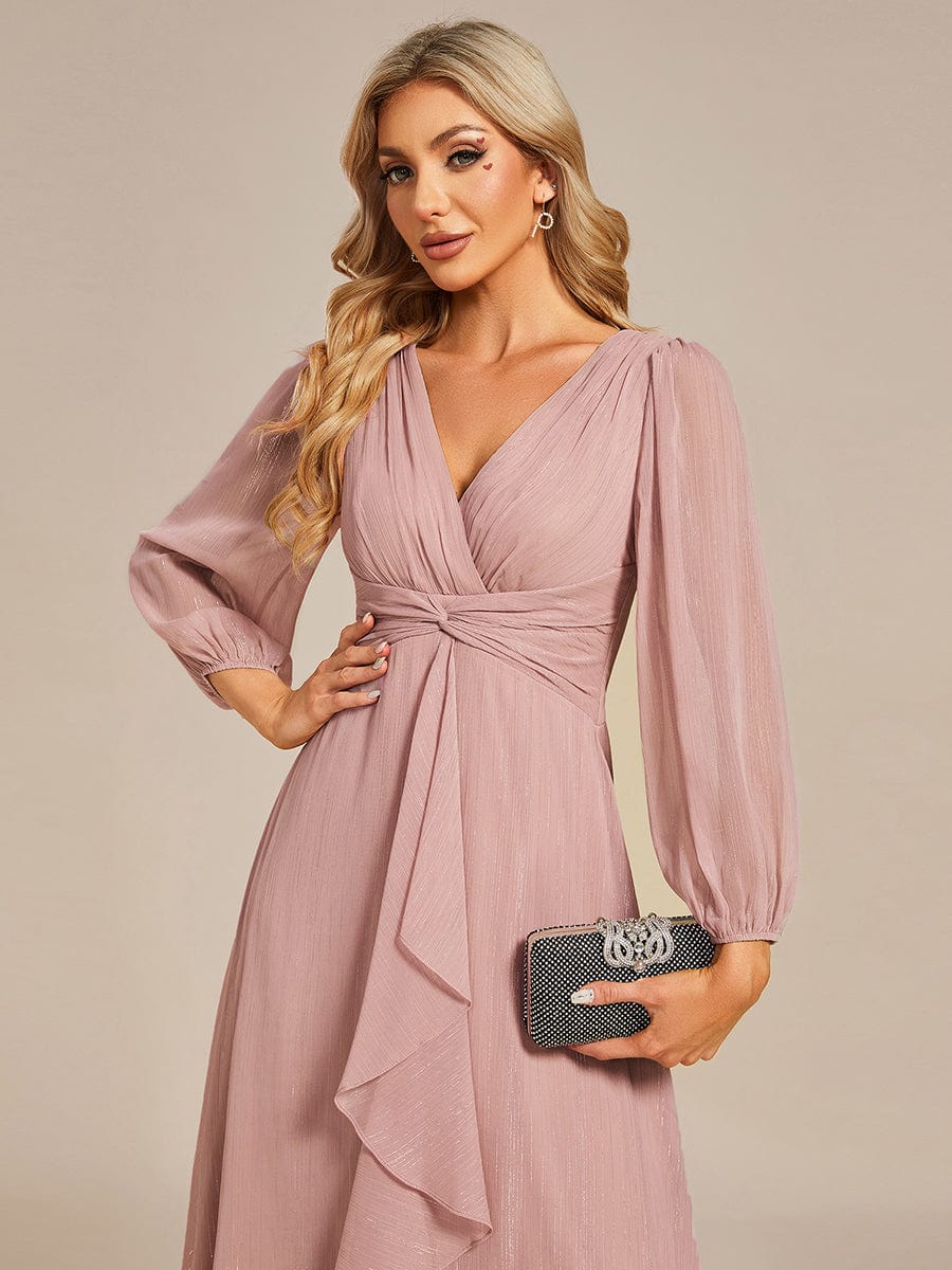 Shimmering Long Sleeve V-Neck Chiffon Twist Knot A-Line Evening Dress