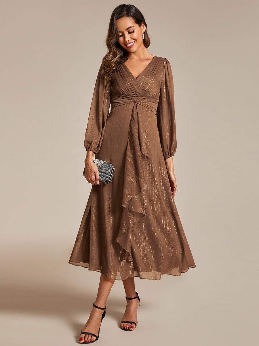 Shimmering Long Sleeve V-Neck Chiffon Twist Knot A-Line Evening Dress