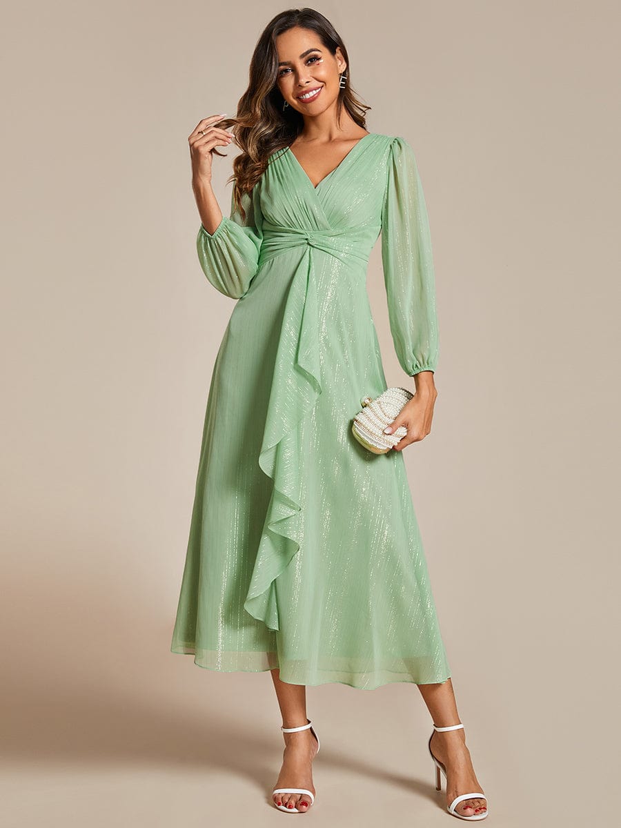 Shimmering Long Sleeve V-Neck Chiffon Twist Knot A-Line Evening Dress