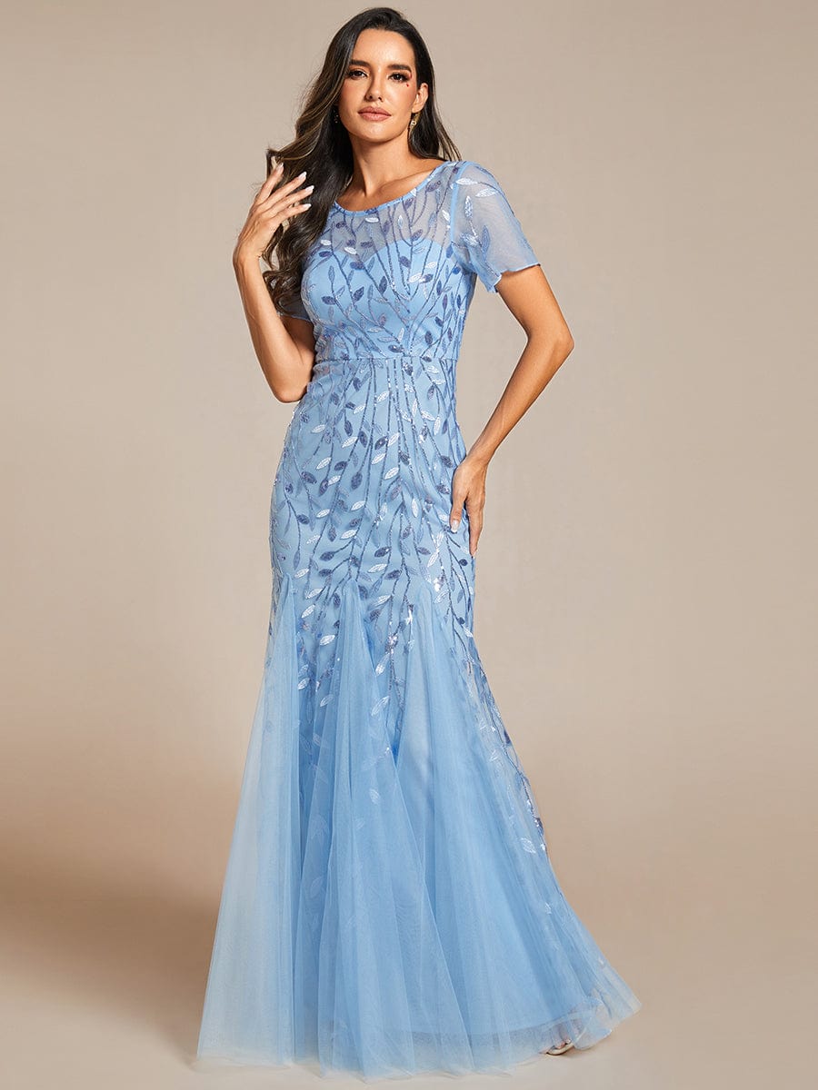 Sequin Leaf Maxi Long Fishtail Tulle Prom Dresses With Half Sleeves