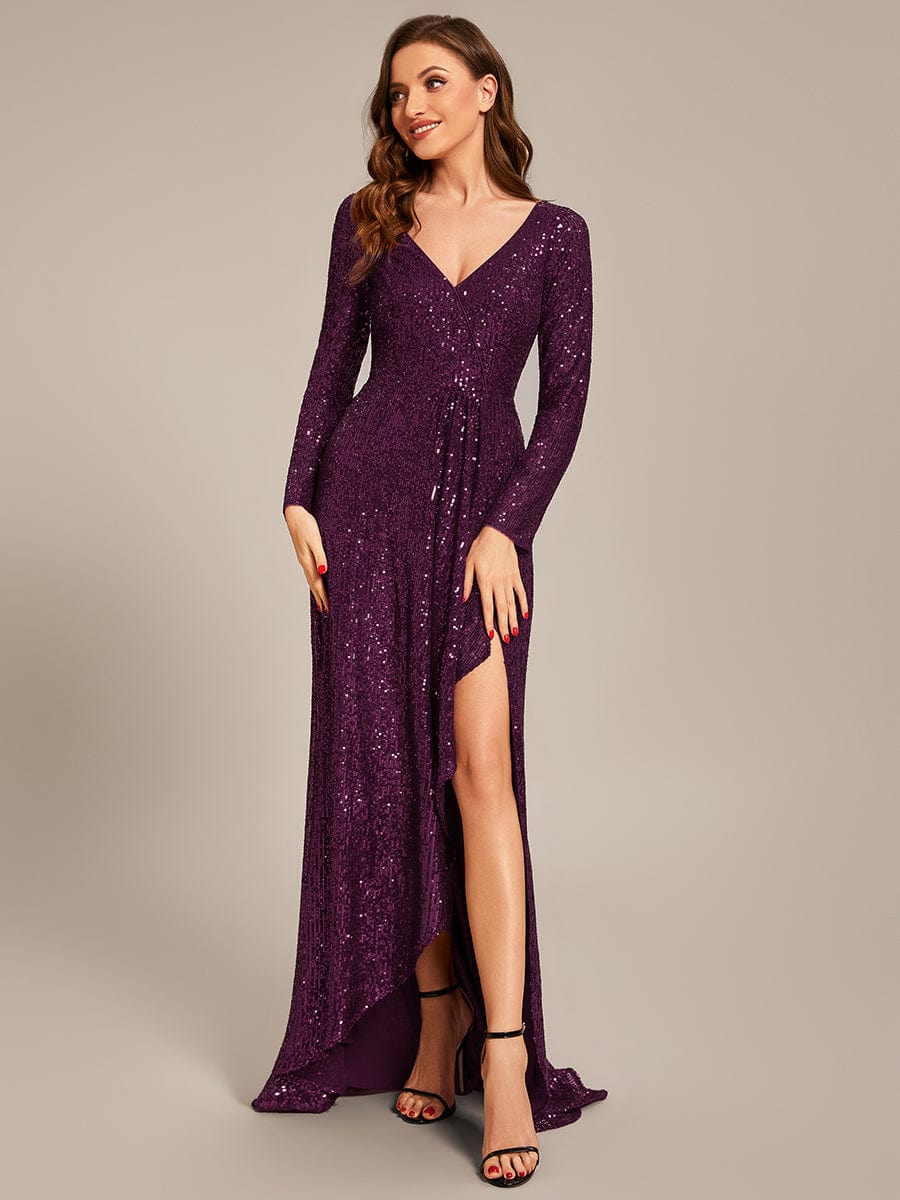 Long Sleeve V-neck Asymmetrical Hem Sequin Evening Dress