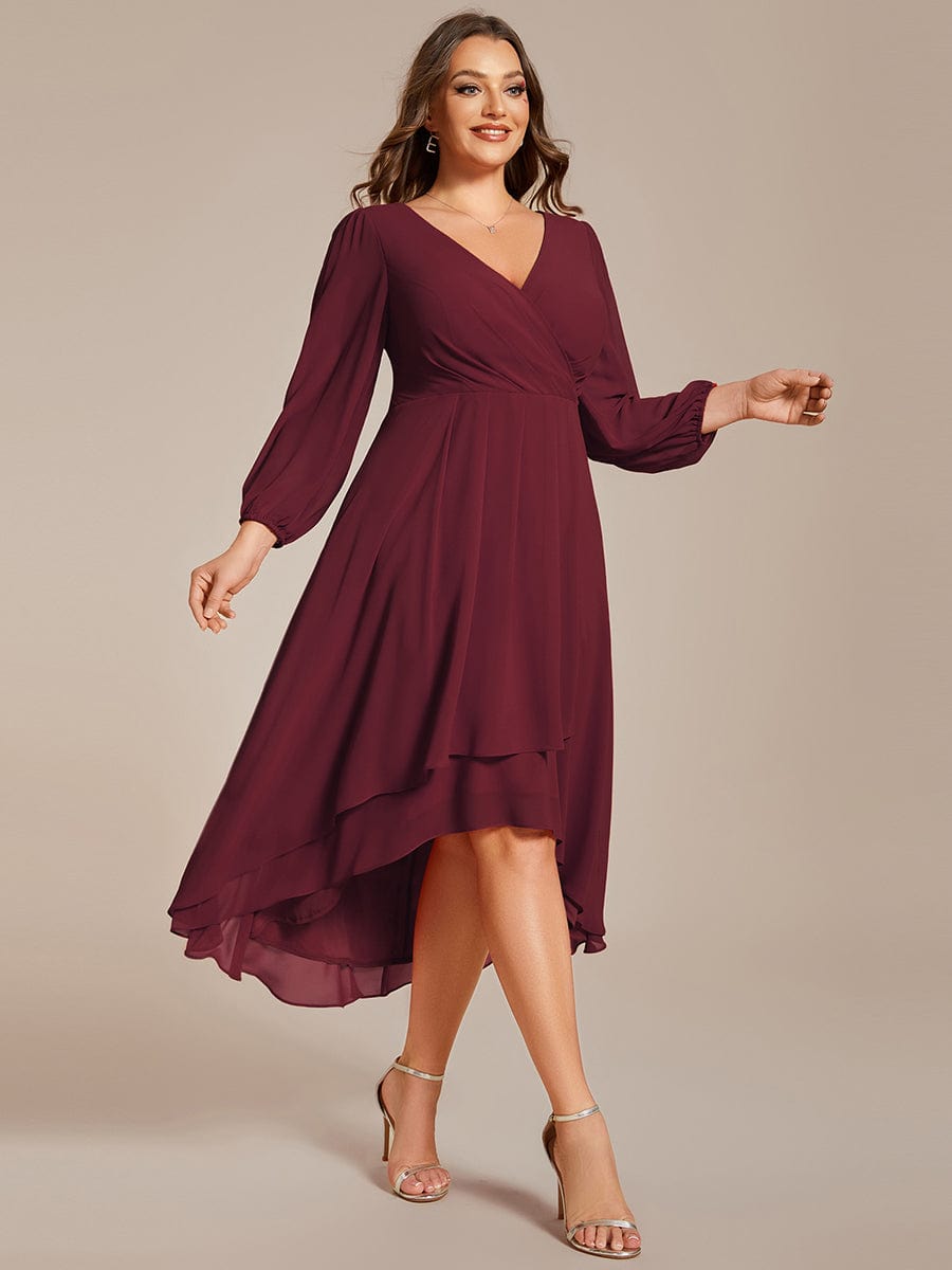 Plus Size Long Sleeve V-Neck Chiffon High Low Wedding Guest Dress