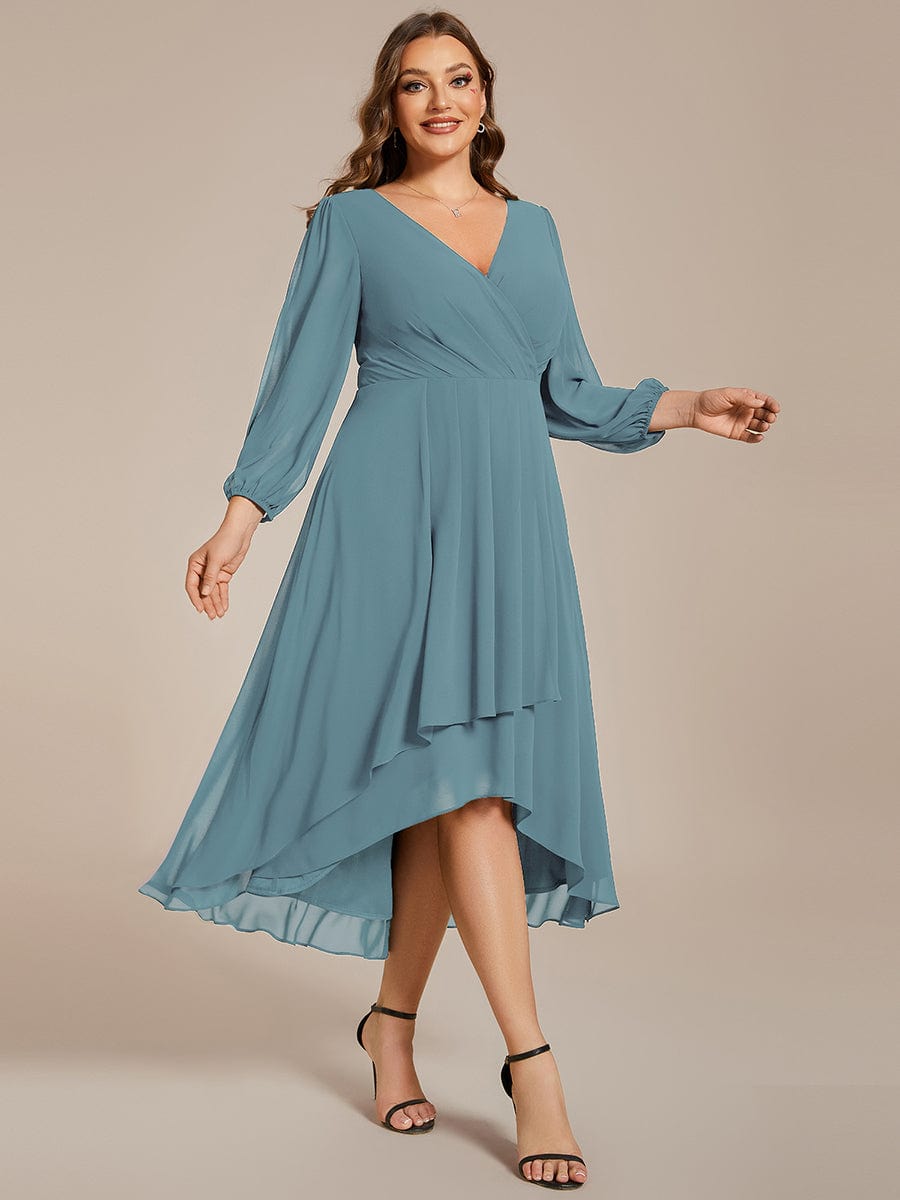 Plus Size Long Sleeve V-Neck Chiffon High Low Wedding Guest Dress