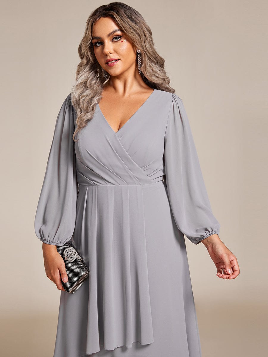 Plus Size Long Sleeve V-Neck Chiffon High Low Wedding Guest Dress