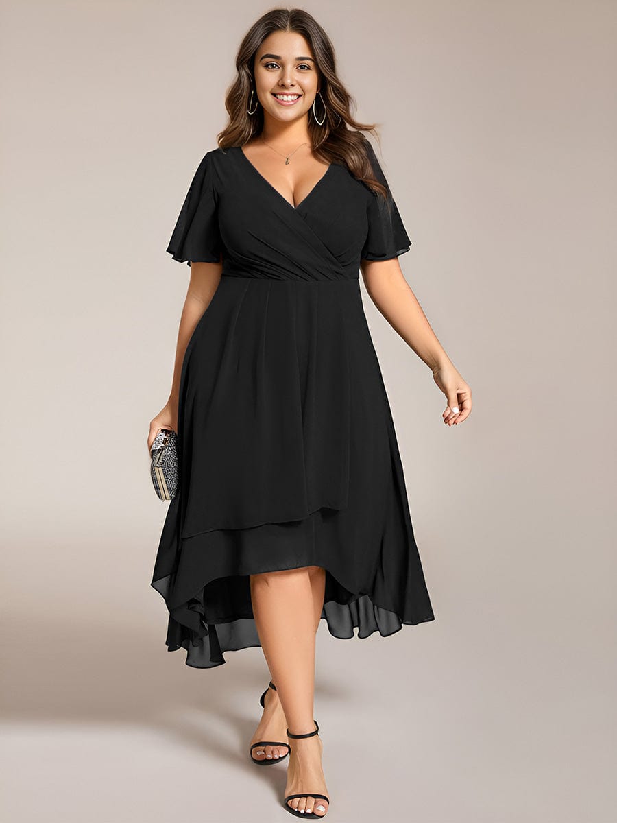 Plus Size Chiffon Short Sleeve High-Low Wedding Guest Dress