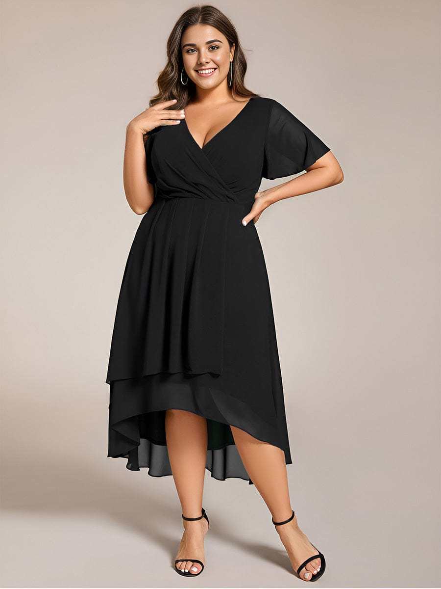 Plus Size Chiffon Short Sleeve High-Low Wedding Guest Dress