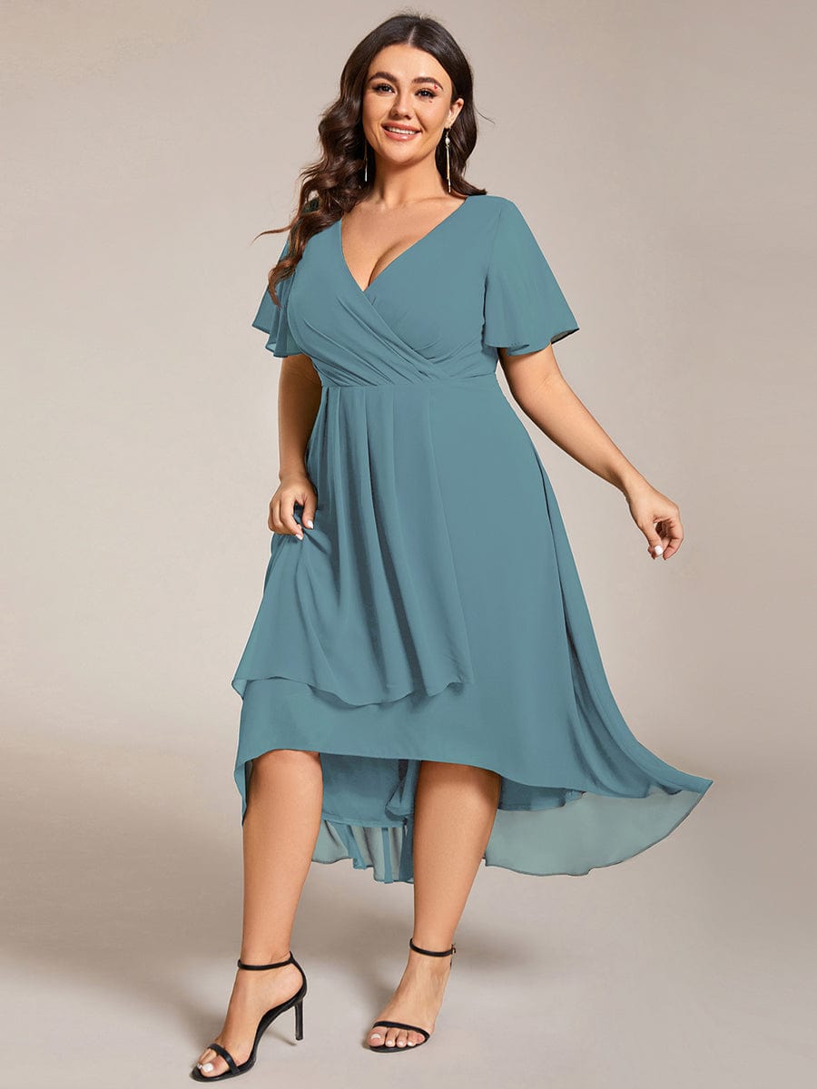 Plus Size Chiffon Short Sleeve High-Low Wedding Guest Dress