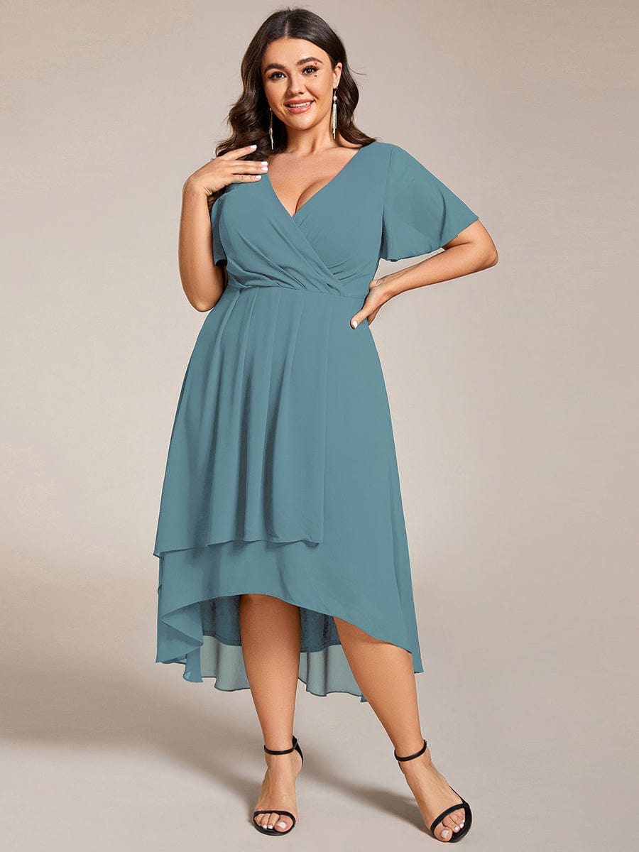 Chiffon Elegance Short Sleeve High-Low Wedding Guest Dress