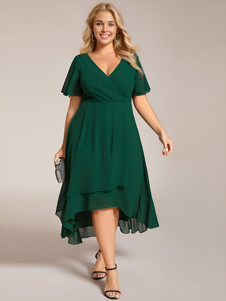 Plus Size Chiffon Short Sleeve High-Low Wedding Guest Dress