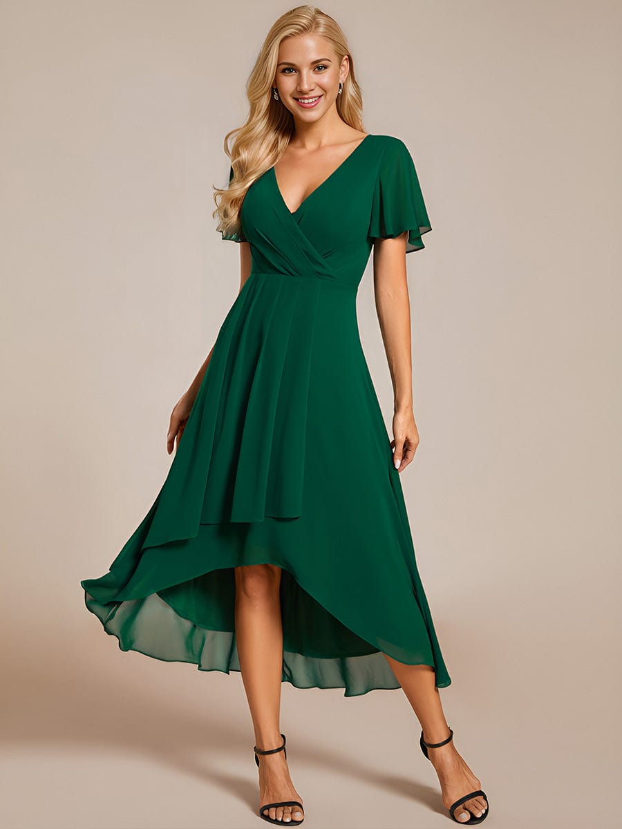 Chiffon Elegance Short Sleeve High-Low Wedding Guest Dress