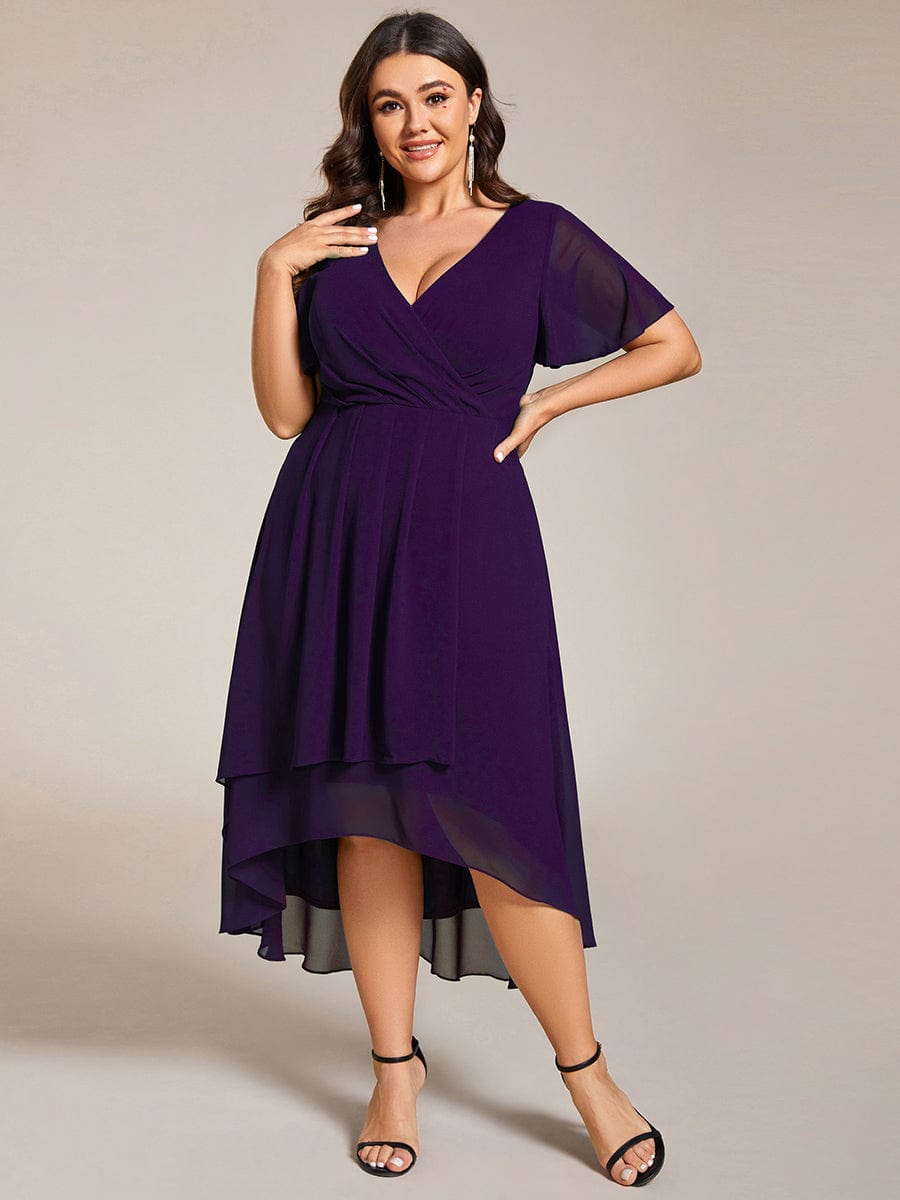 Plus Size Chiffon Short Sleeve High-Low Wedding Guest Dress