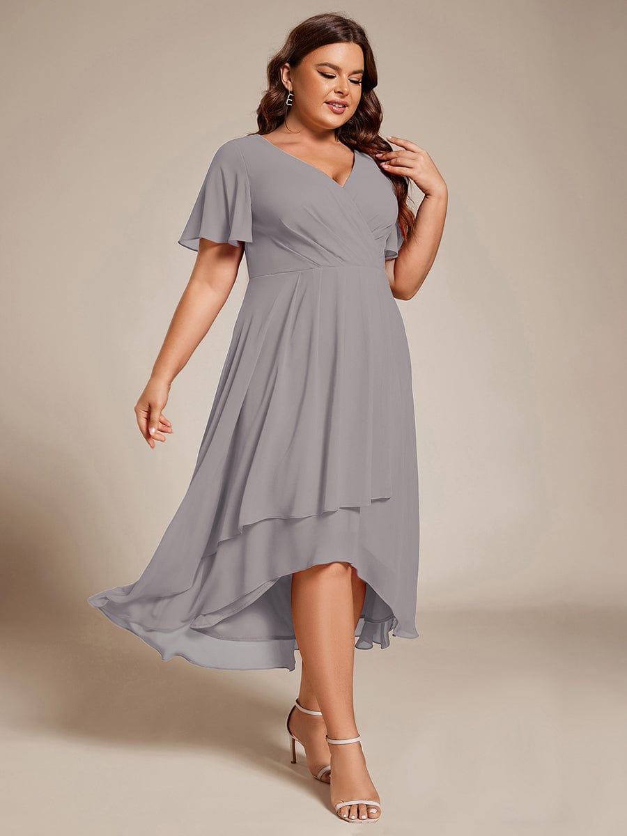 Chiffon Elegance Short Sleeve High-Low Wedding Guest Dress