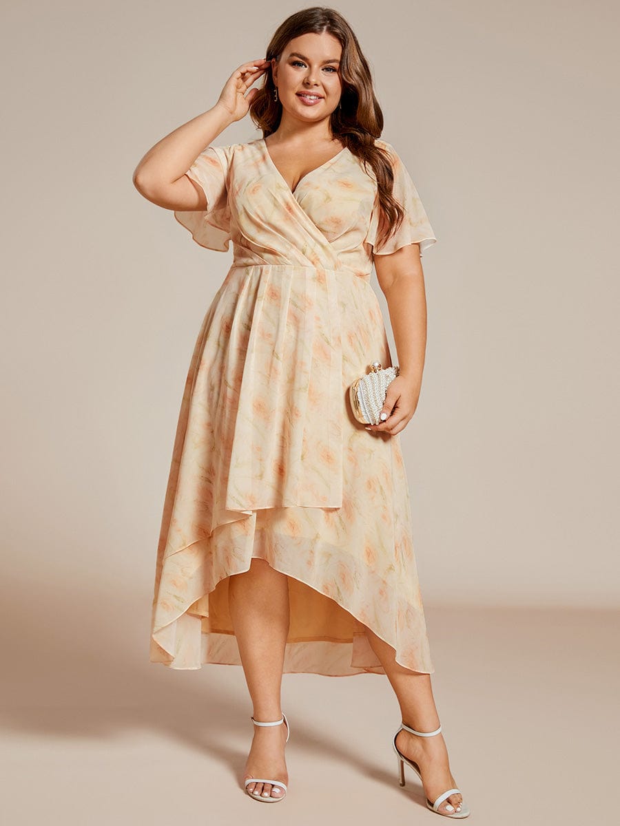 Plus Size Chiffon Short Sleeve High-Low Wedding Guest Dress