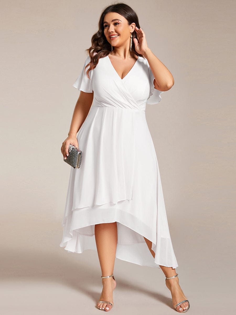 Plus Size Chiffon Short Sleeve High-Low Wedding Guest Dress