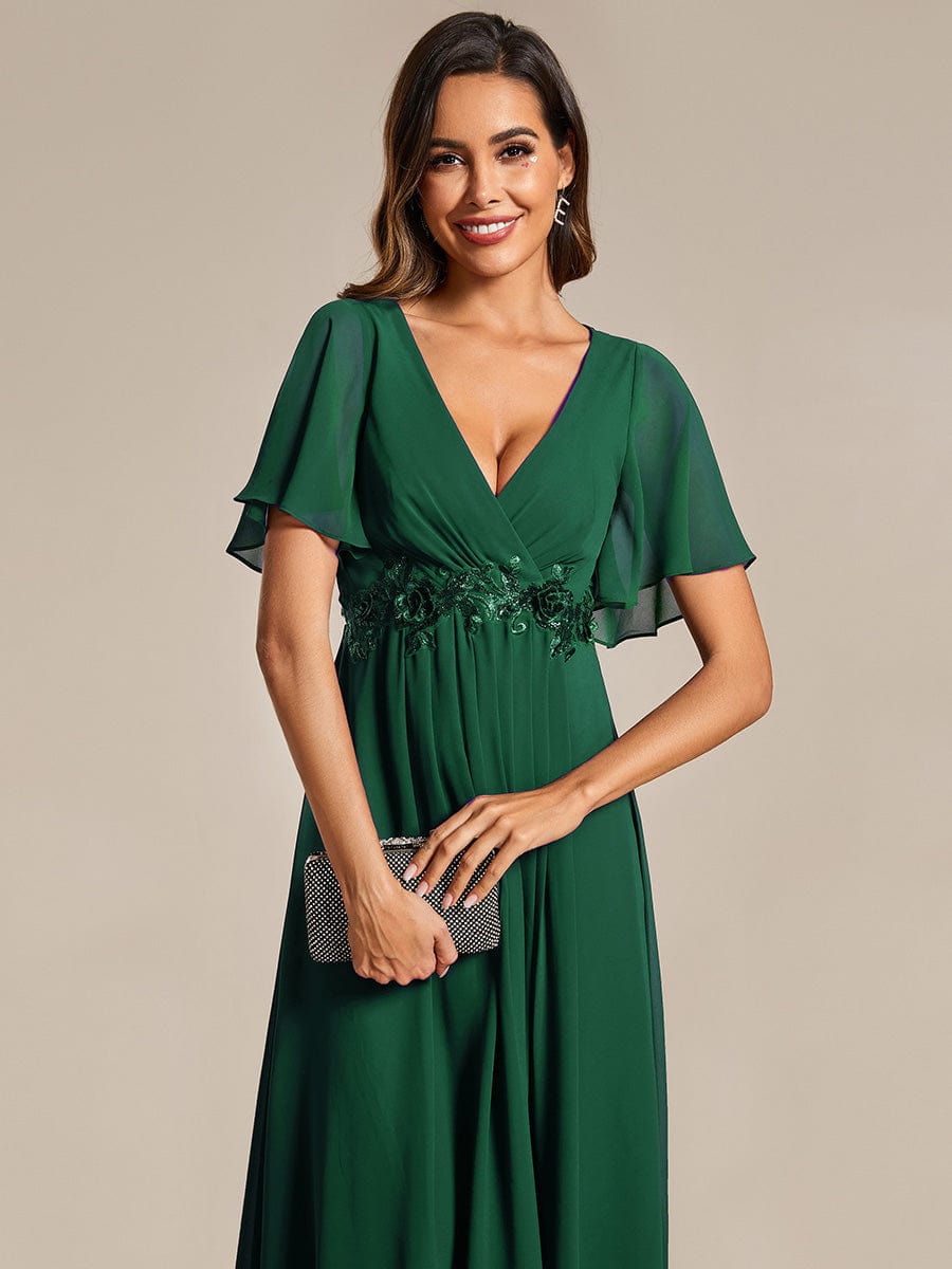 V-Neck Chiffon Midi Wedding Guest Dress with Waist Applique