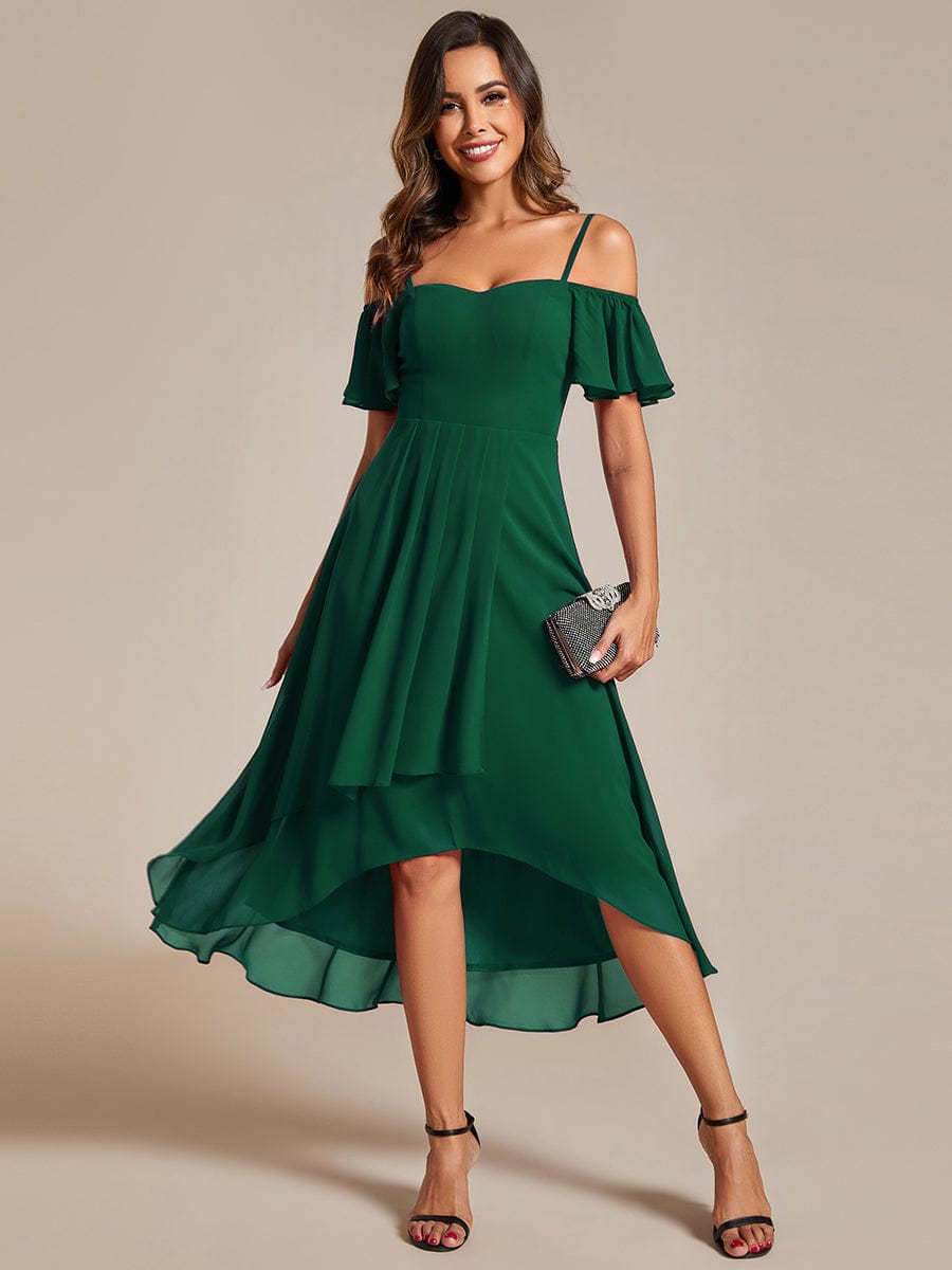 Off-Shoulder High-Low Chiffon Wedding Guest Dresses with Short Sleeves