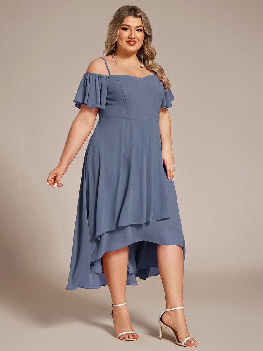 Plus Size Off-Shoulder High-Low Chiffon Wedding Guest Dresses with Short Sleeves