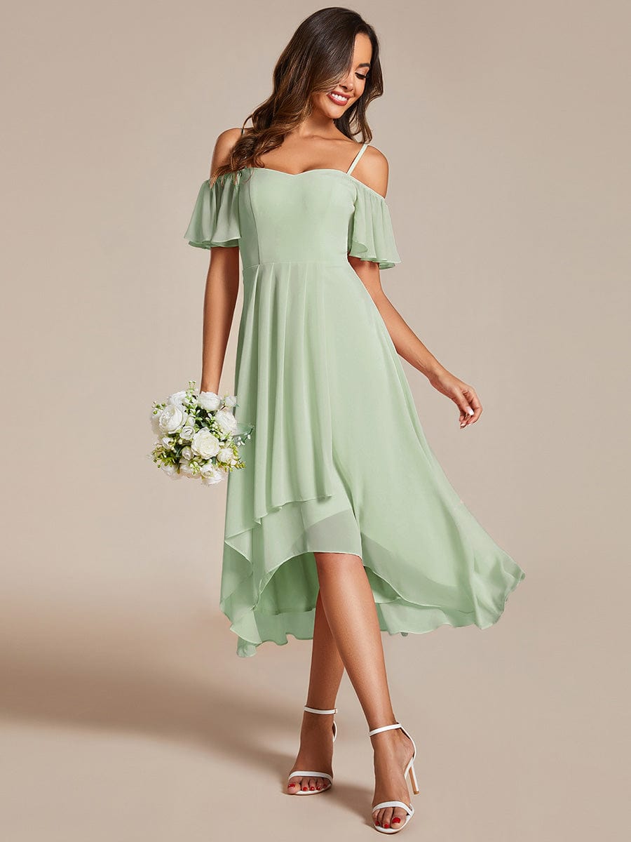 Off-Shoulder High-Low Chiffon Wedding Guest Dresses with Short Sleeves