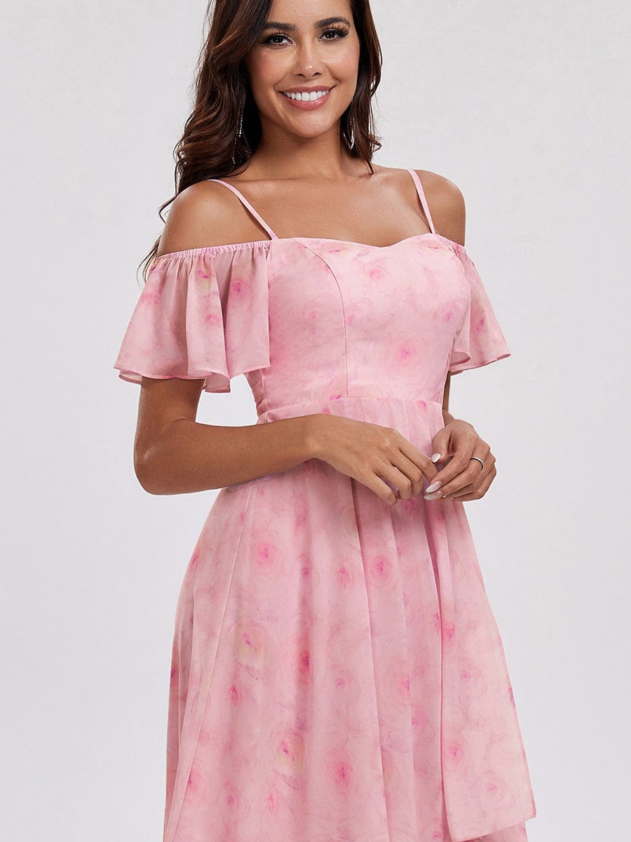 Off-Shoulder High-Low Chiffon Wedding Guest Dresses with Short Sleeves