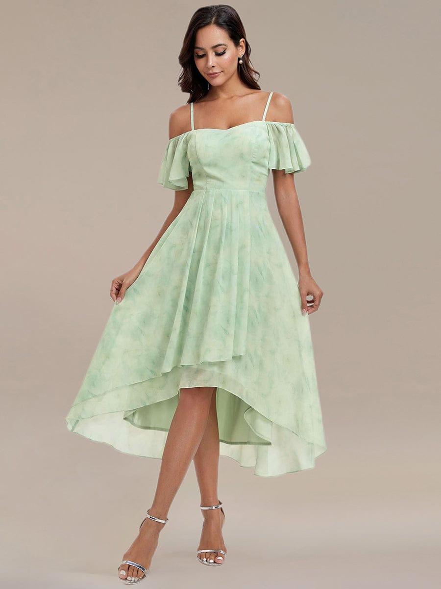 Off-Shoulder High-Low Chiffon Wedding Guest Dresses with Short Sleeves