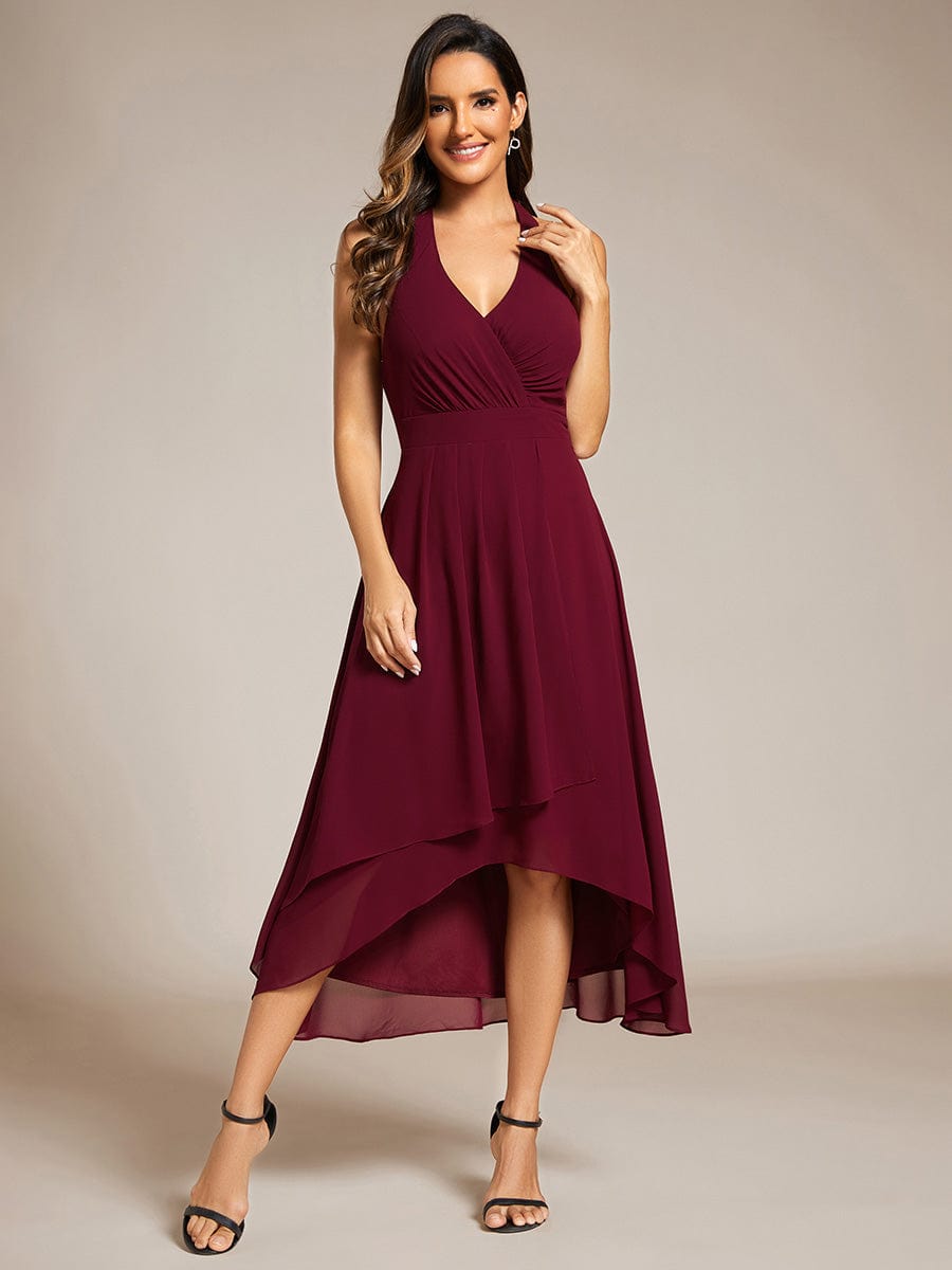 Lace-up Halterneck Backless High Low Chiffon Wedding Guest Dress