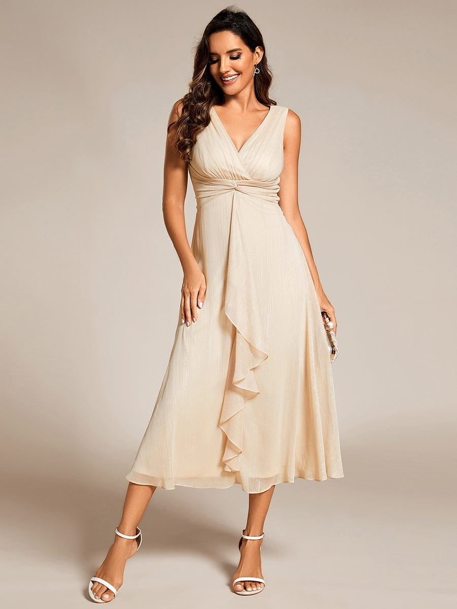 Sleeveless Twist Knot A-Line Lotus Leaf Shimmering Wedding Guest Dress