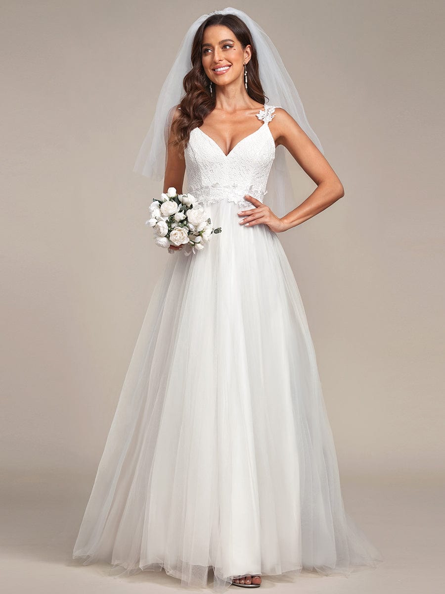 Tulle Lace Wedding Dress  Double V-Neck with Appliques Shoulder