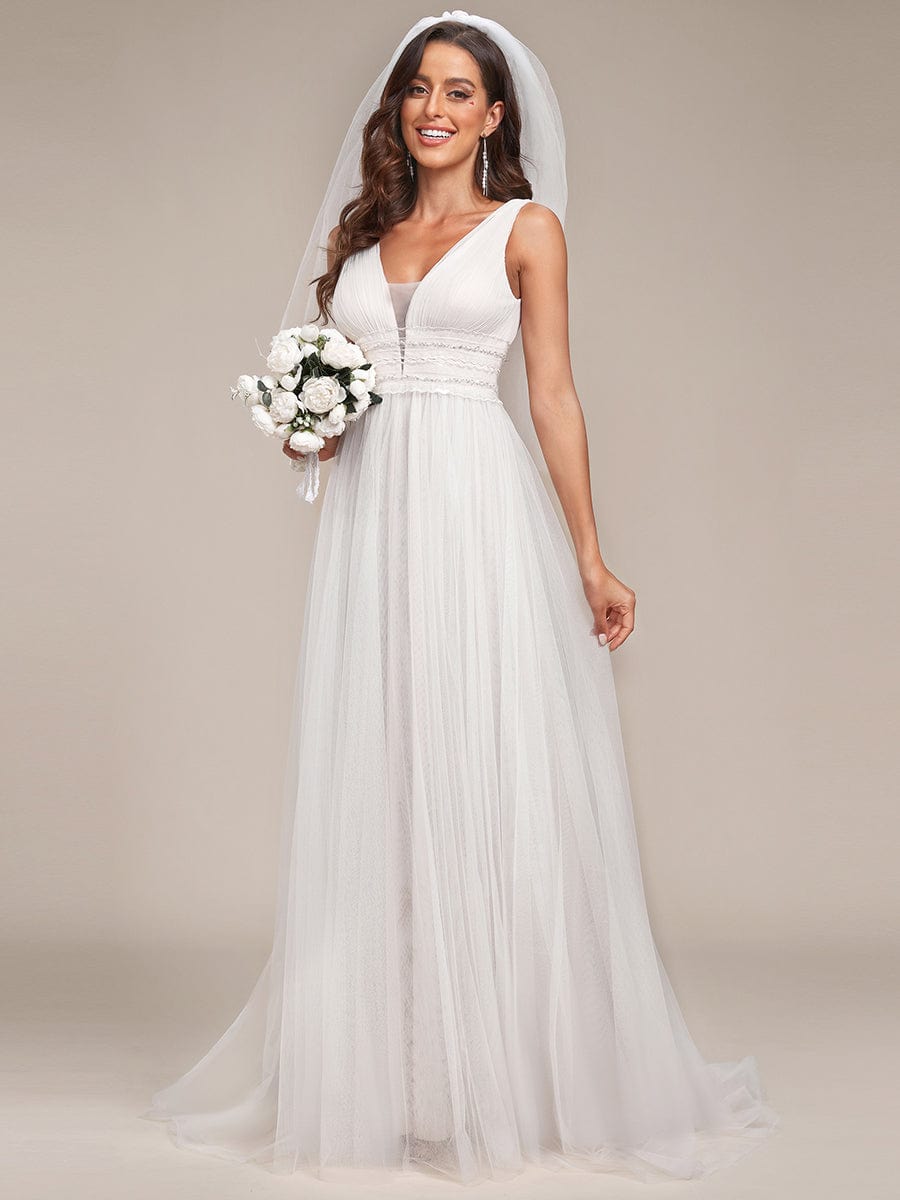 Sleeveless Deep V Low Back Long Wedding Dress