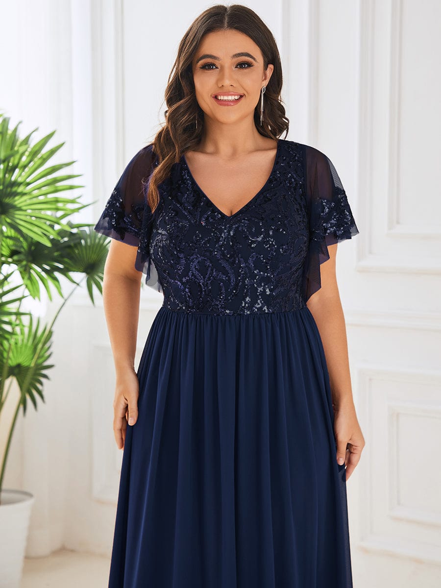 Plus Size V-Neck Short Sleeve Sequin Bodice Mother of the Bride Dress