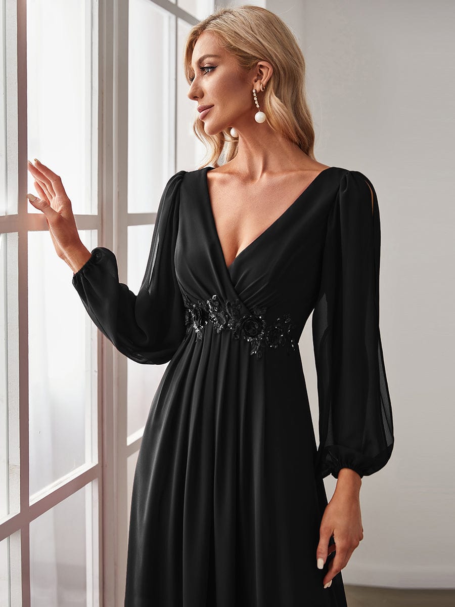 Lantern Long Slit Sleeve Deep V Applique Maxi Evening Dress