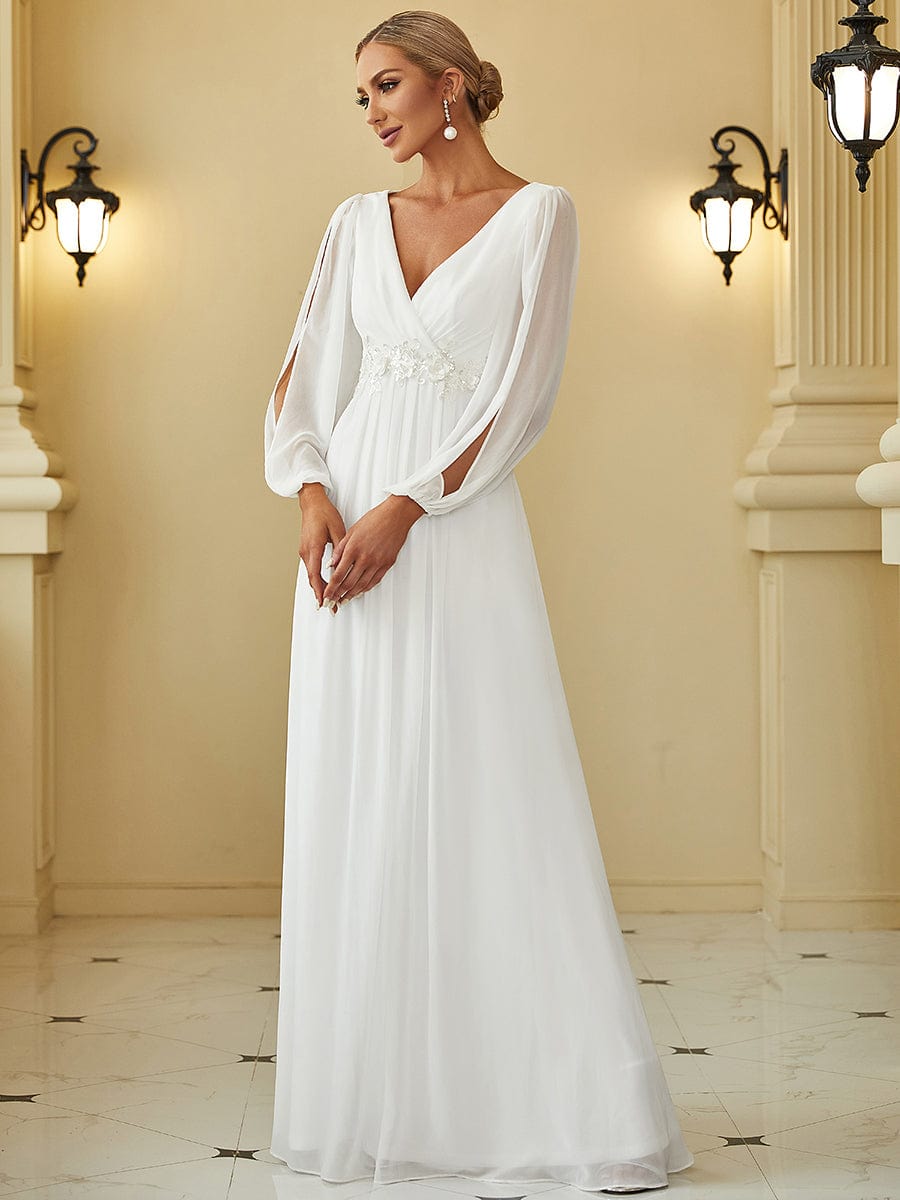 Lantern Long Slit Sleeve Deep V Applique Maxi Evening Dress