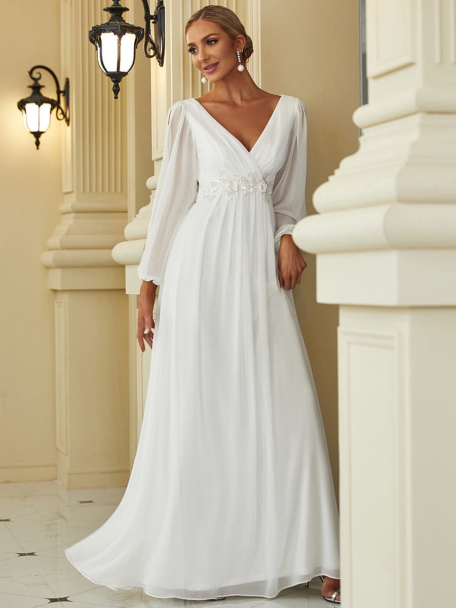 Deep V Neck Long Wedding Guest Dress with Long Sleeves