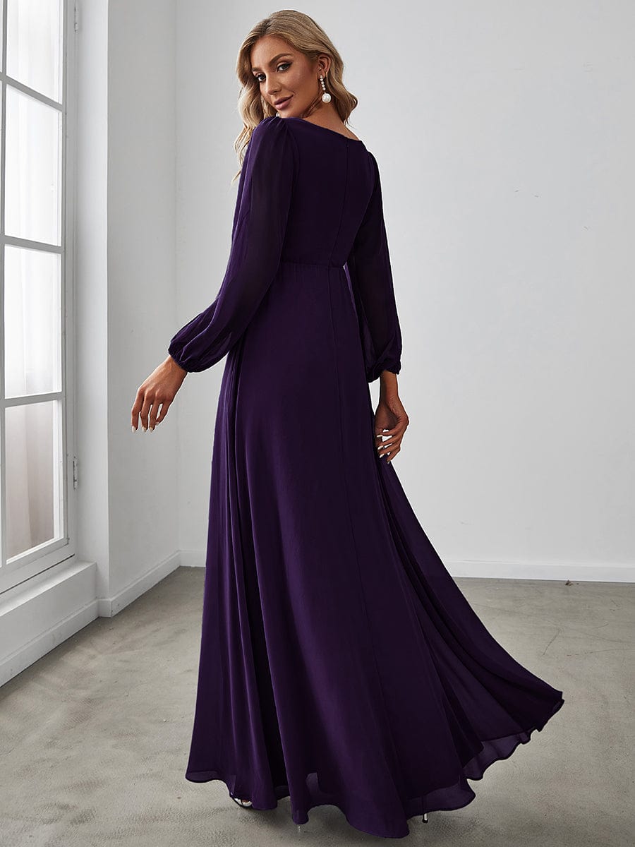 Lantern Long Slit Sleeve Deep V Applique Maxi Evening Dress