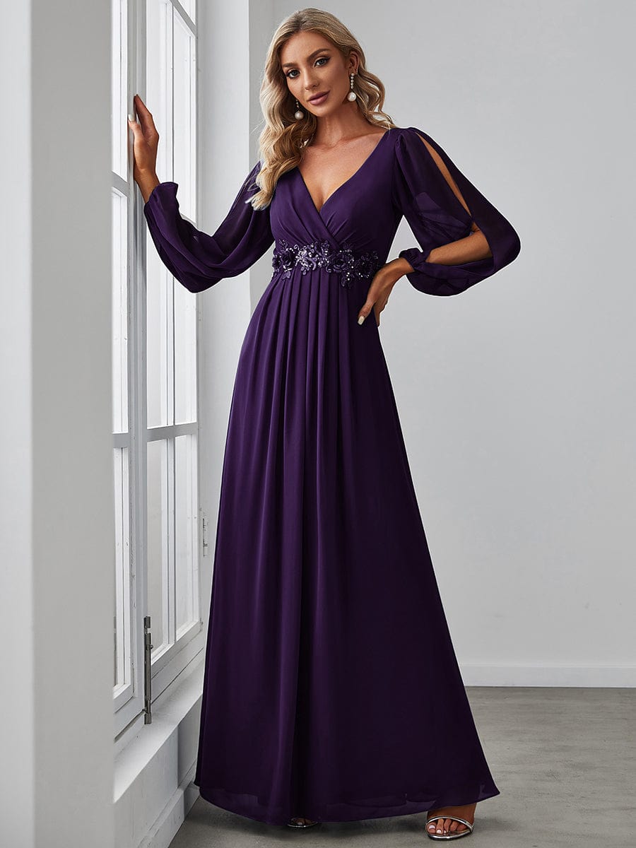 Lantern Long Slit Sleeve Deep V Applique Maxi Evening Dress