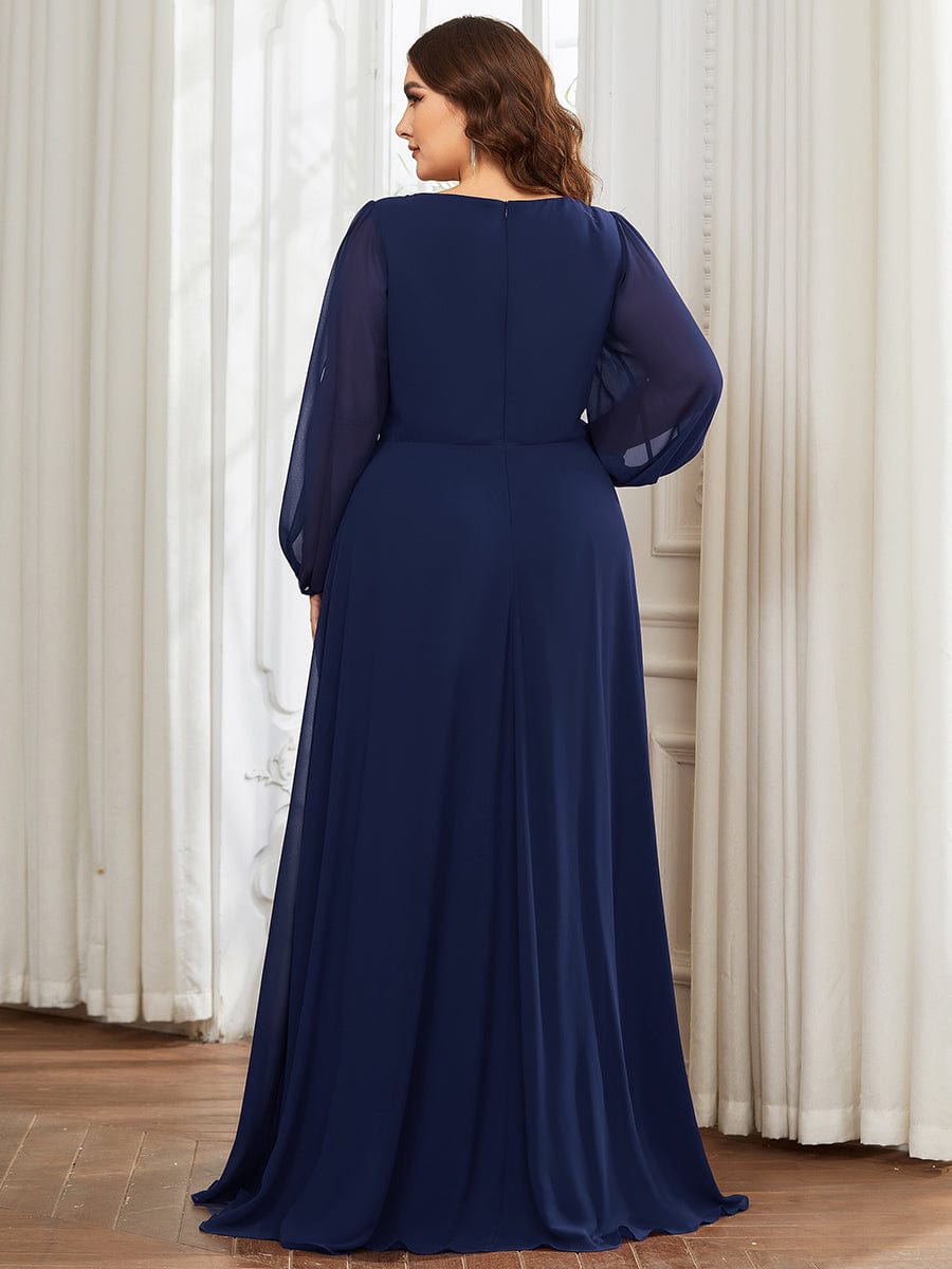 Lantern Long Slit Sleeve Deep V Applique Maxi Evening Dress