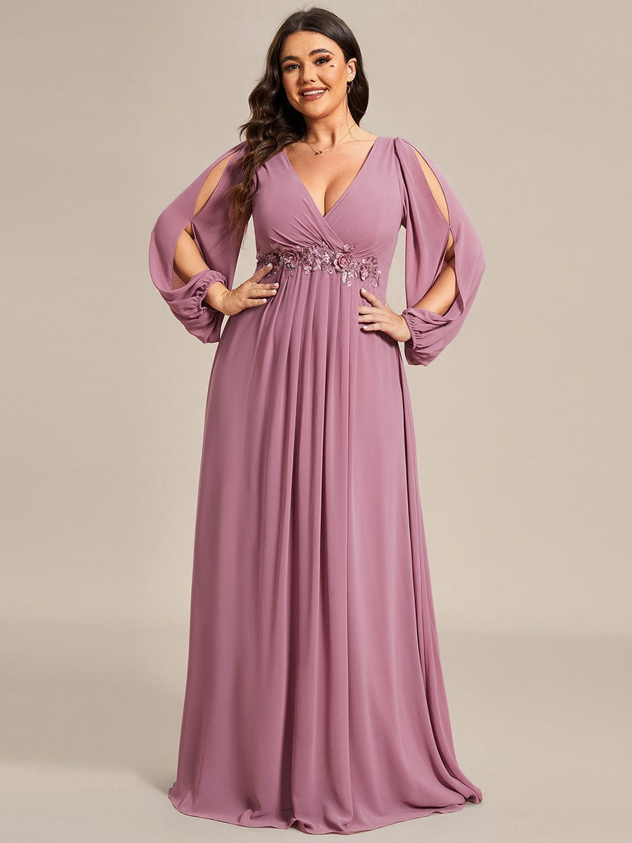 Deep V Neck Long Wedding Guest Dress with Long Sleeves